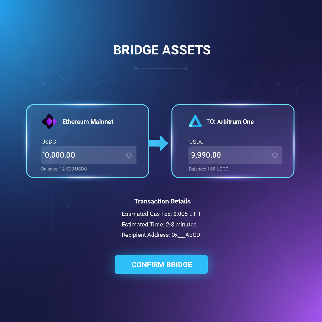 sleek UI screenshot of bridging USDC from Ethereum to Arbitrum bridge interface, futuristic neon blues, high tech