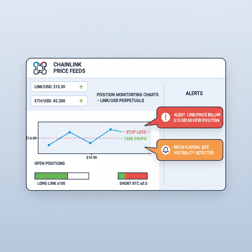 live trading dashboard with Chainlink price feeds, position monitoring charts, alerts popping up