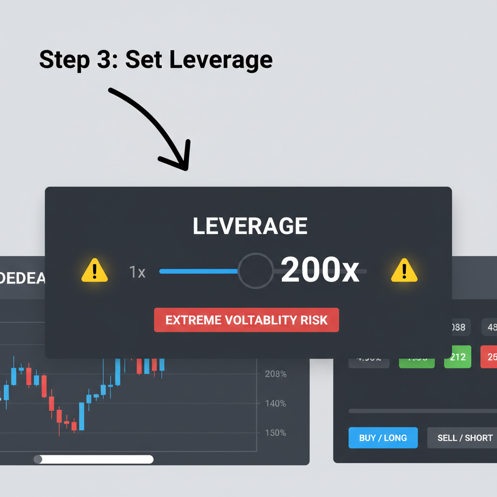leverage slider UI on perp trading platform maxed at 200x, warning icons, professional trading terminal style