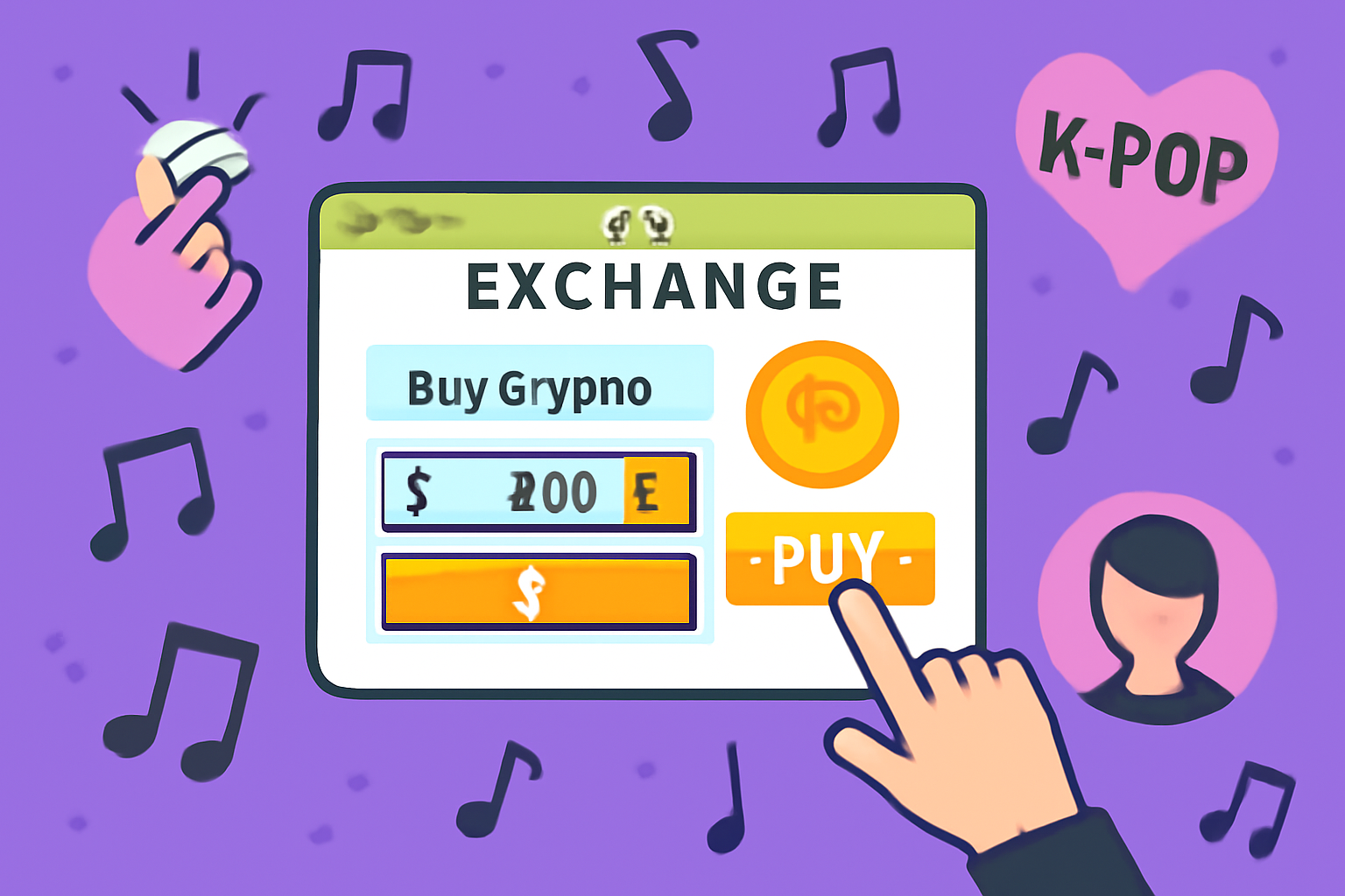 buying crypto tokens on exchange interface, music notes and K-pop icons floating, vibrant marketplace screen