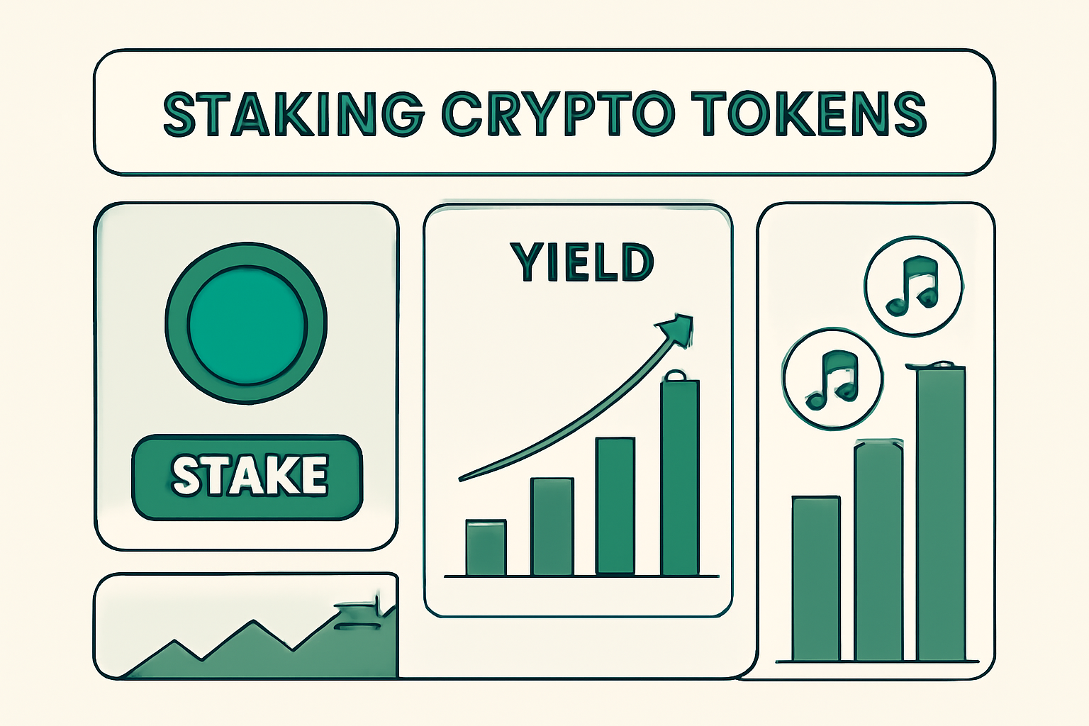 staking crypto tokens dashboard, yield graphs rising, music royalties icons, green growth charts