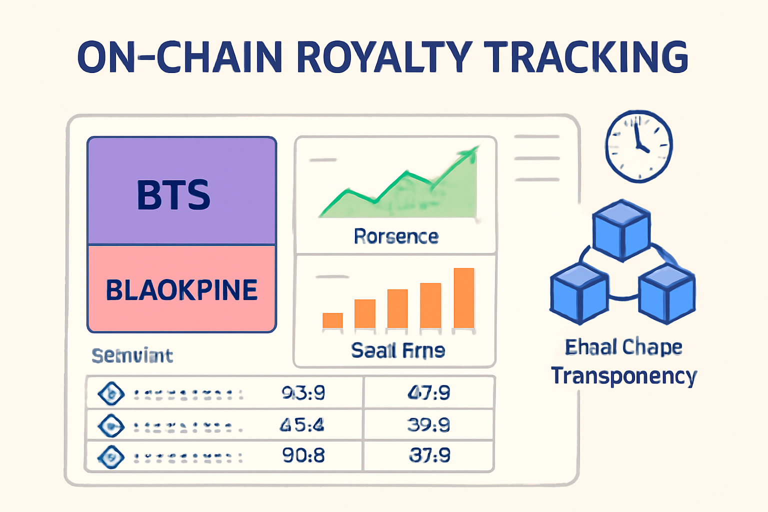 on-chain royalty tracking dashboard, real-time graphs, BTS BLACKPINK album art, blockchain transparency