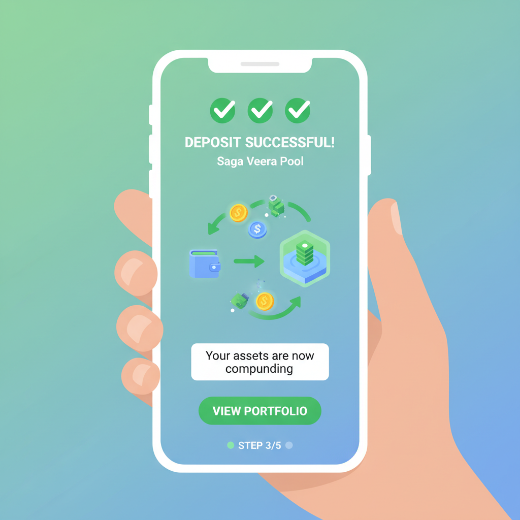 Saga phone Veera deposit confirmation screen, assets flowing into pool, success animation, green checkmarks