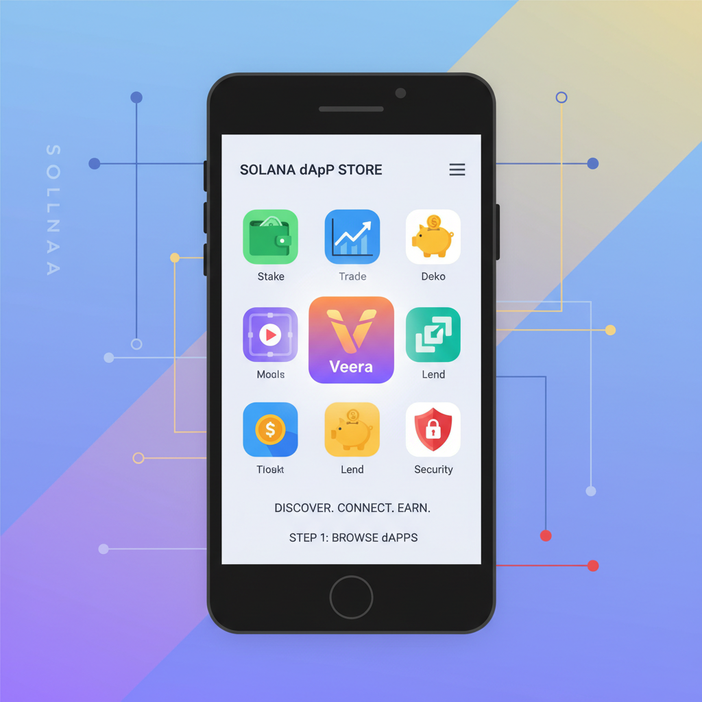 Solana Saga phone browsing dApp Store, Veera App highlighted, vibrant app icons, mobile DeFi theme