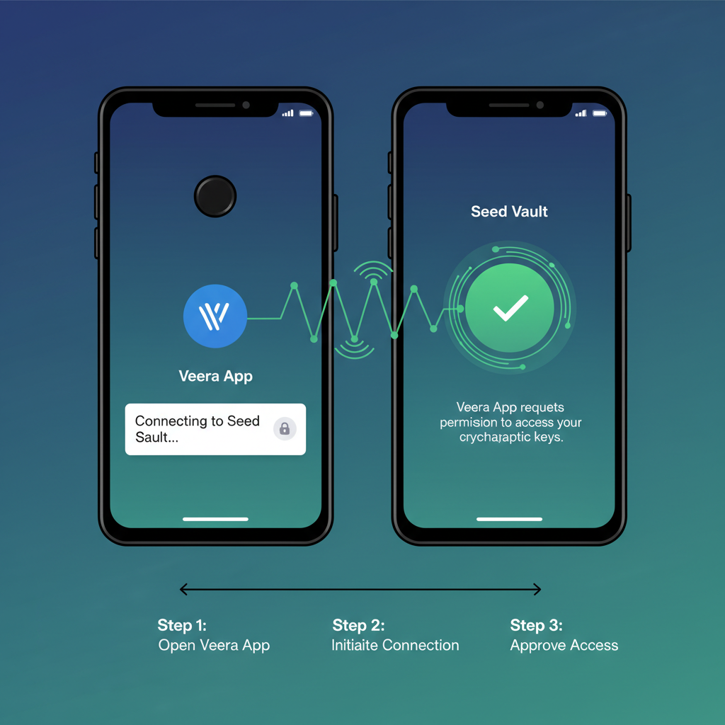 Saga phone split-screen: Veera App connecting to Seed Vault, approval prompt, green secure link animation