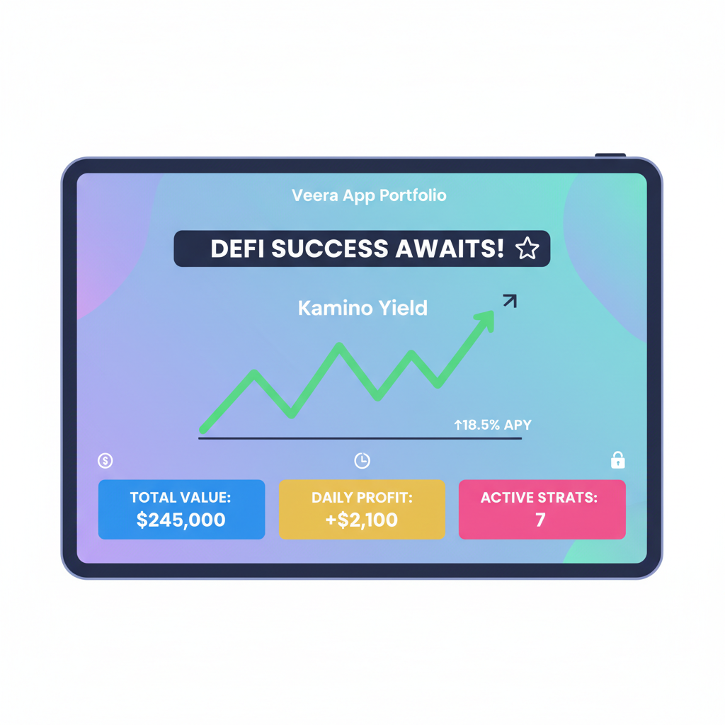 Veera App portfolio dashboard on Saga, Kamino yield graph rising, real-time stats, motivational DeFi success vibe