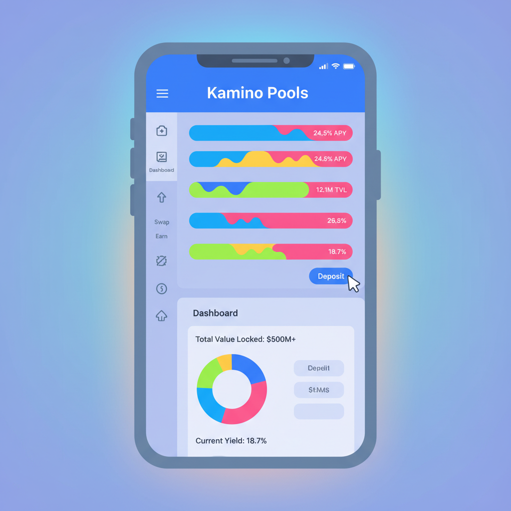 Veera App interface on Saga phone, Kamino Pools menu open, colorful liquidity pools charts, DeFi dashboard glow