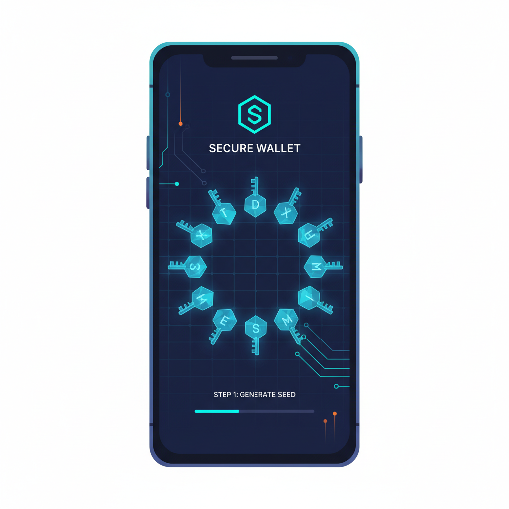 Solana Saga phone screen showing Seed Vault app open, secure wallet interface, glowing blue holographic keys, cyberpunk style