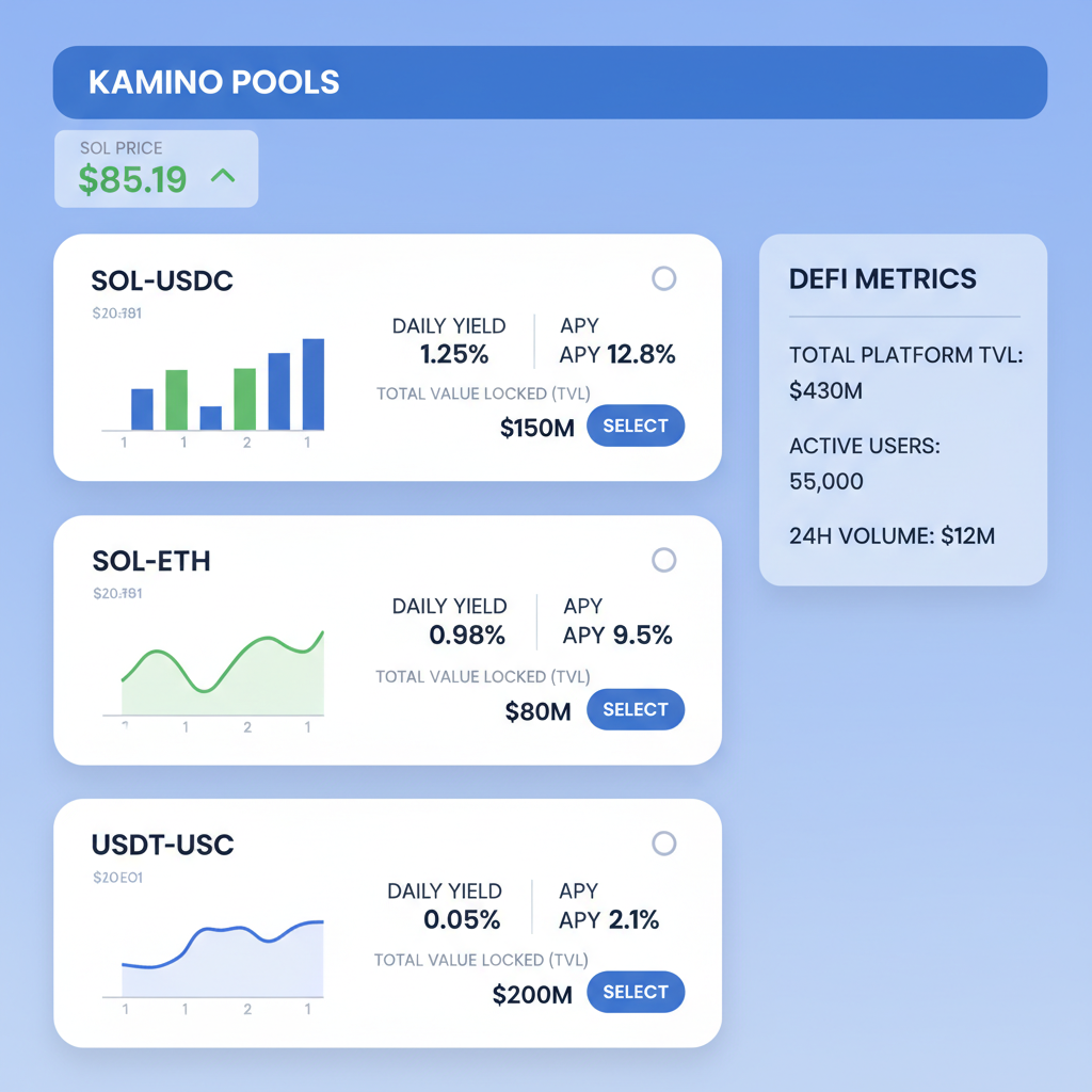 Close-up Veera App Kamino Pool selection screen, yield charts, SOL price $85.19 displayed, modern DeFi metrics
