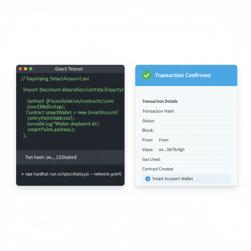 deploying ERC-4337 smart account wallet on Ethereum testnet, code terminal and blockchain explorer UI