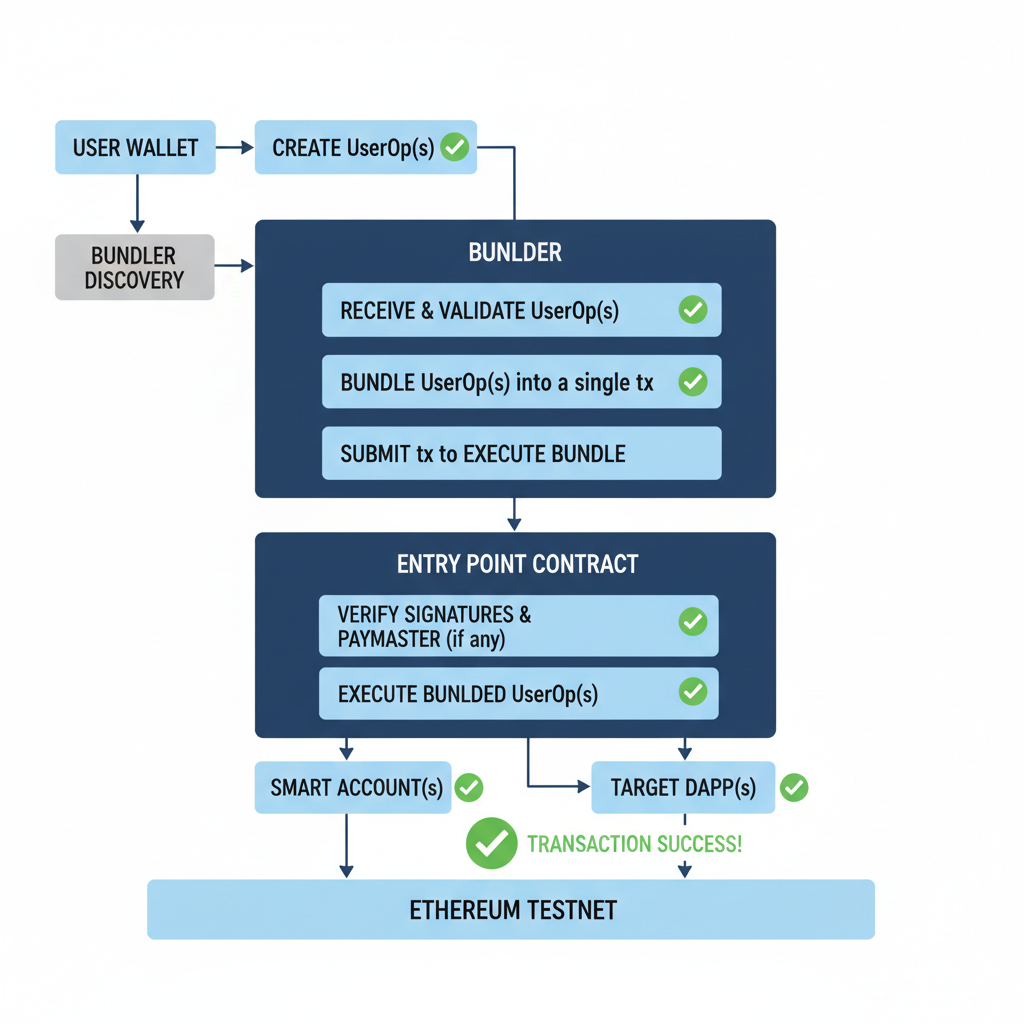 testing UserOp bundling on ERC-4337 testnet, transaction flow diagram with success checkmarks