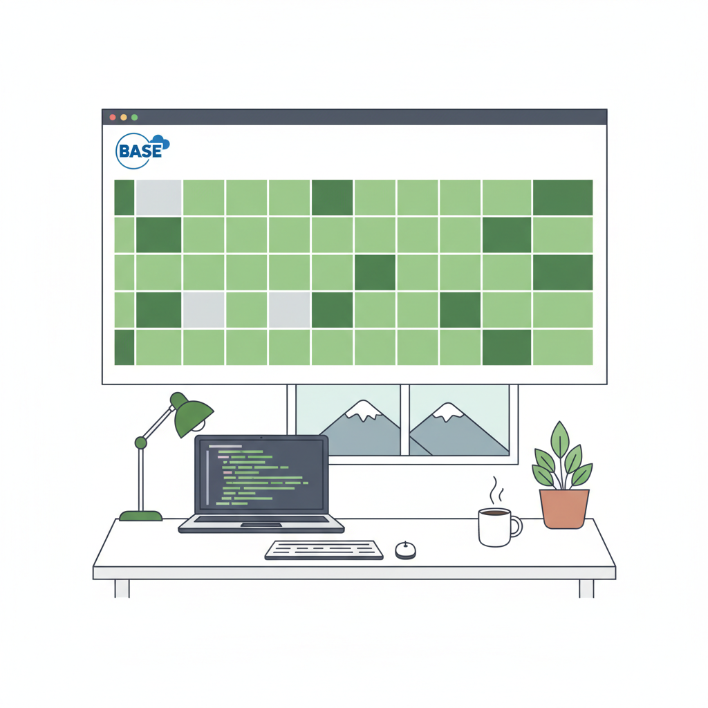 GitHub commit history screen with green commits, Base logo, developer workspace