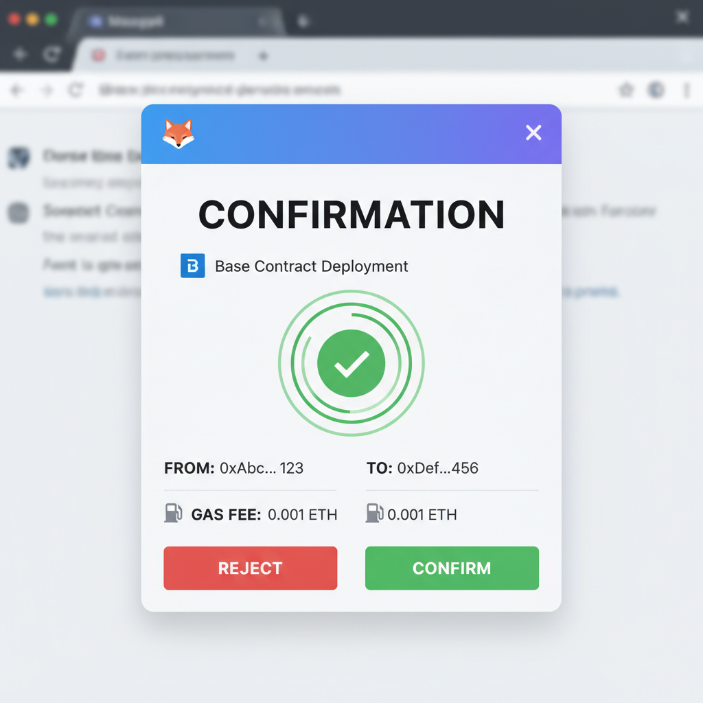 MetaMask confirmation popup for Base contract deployment, success animation