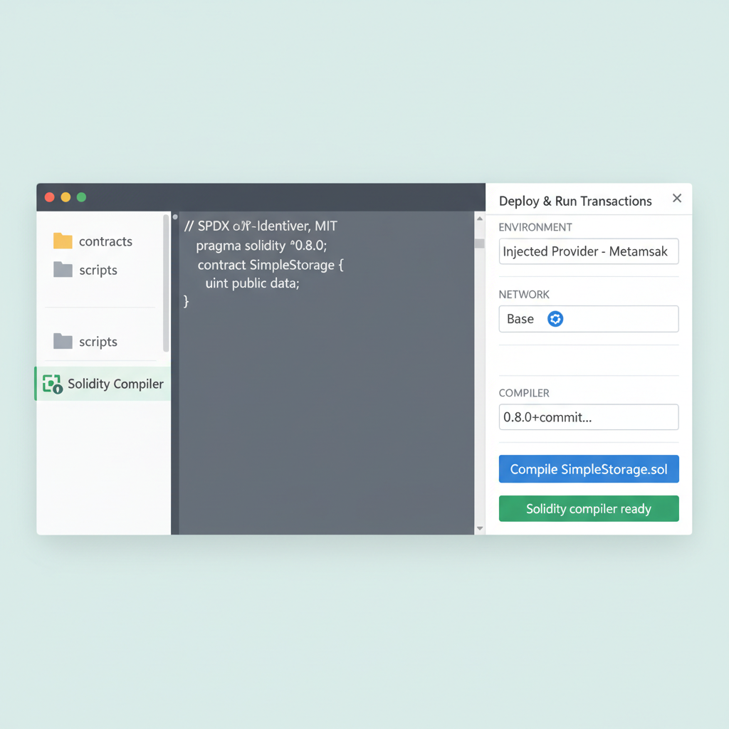 Remix IDE interface with Base network selected, Solidity compiler ready