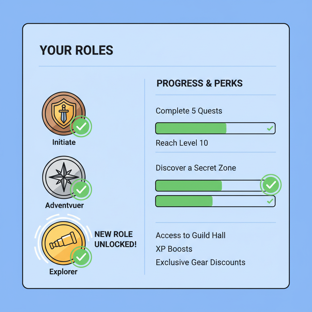 Base Guild roles page showing new badges unlocked, checkmark animations