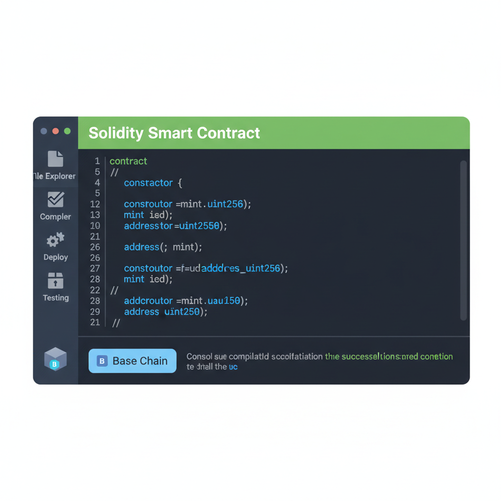 Remix editor with Solidity smart contract code highlighted, Base chain indicator