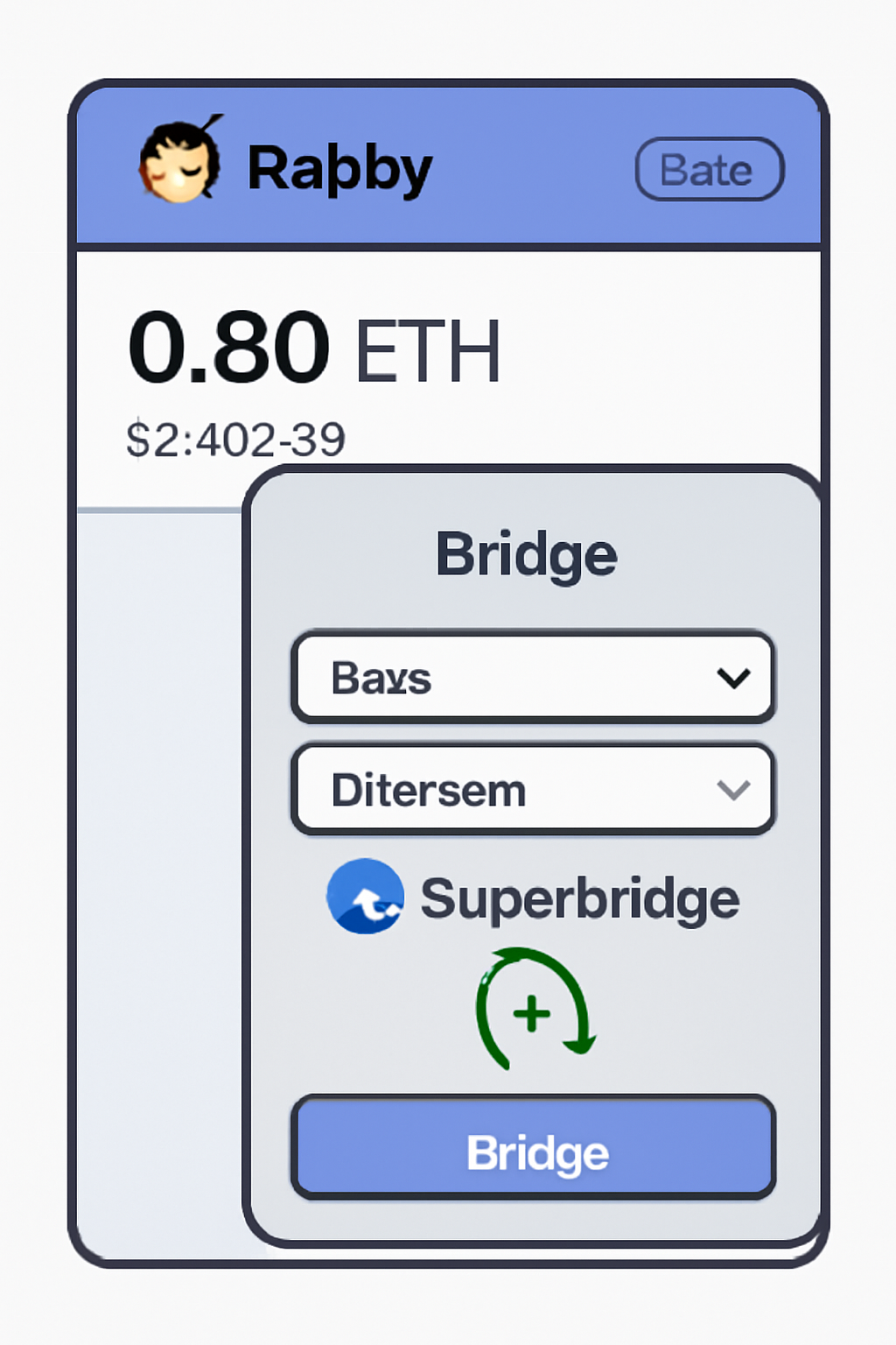 Rabby wallet balance display showing ETH on Base network, bridge UI overlay with Superbridge, green funding animation
