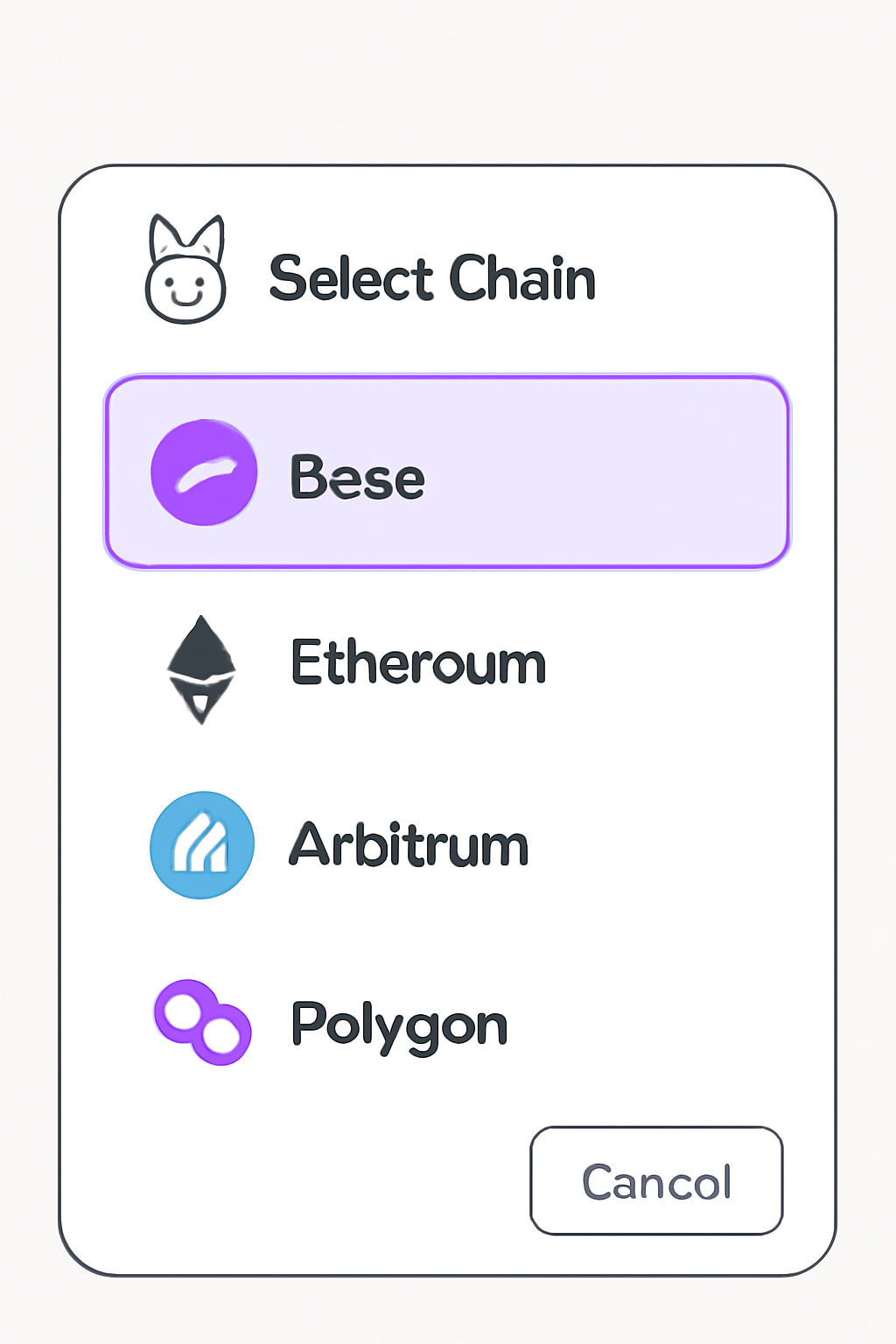Rabby popup interface with Base chain selector highlighted, vibrant purple Base logo, chain list dropdown