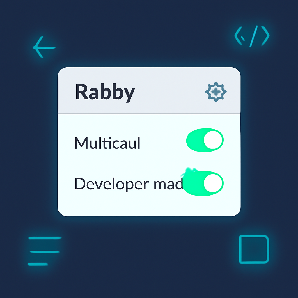 Rabby settings panel with multicall toggles enabled in green, developer mode active, technical UI elements glowing