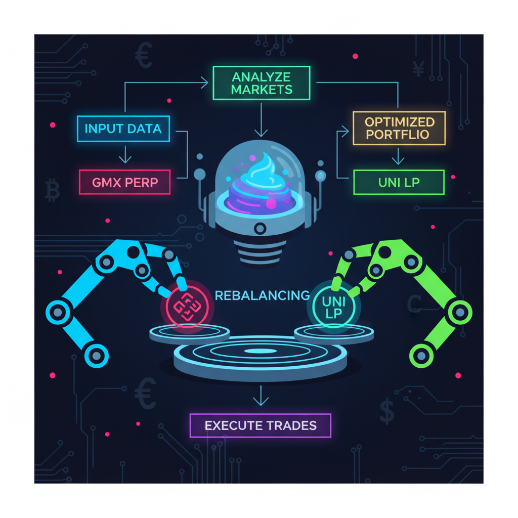 Gelato automation bot rebalancing GMX perp and UNI LP, flowchart arrows, robotic arms, cyberpunk style