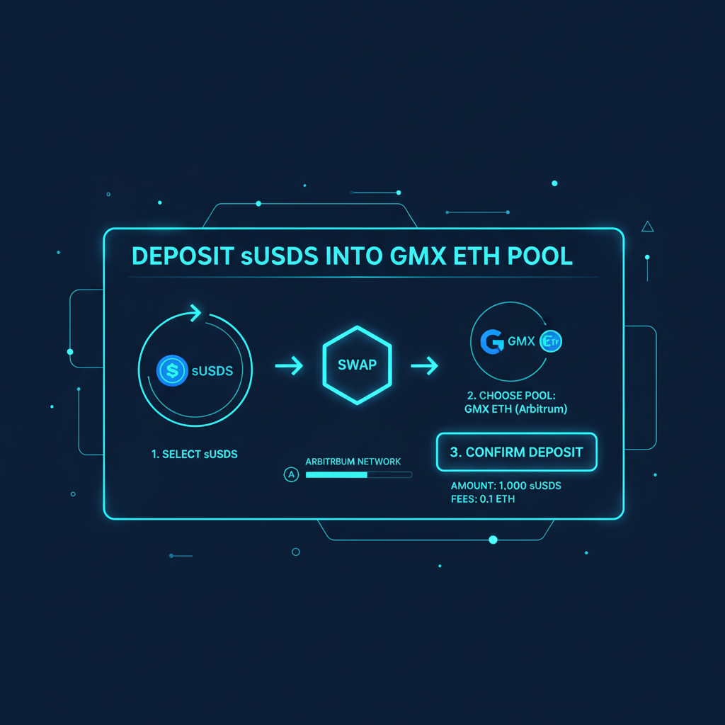 crypto dashboard depositing sUSDS into GMX ETH pool on Arbitrum, neon blue tones, futuristic UI