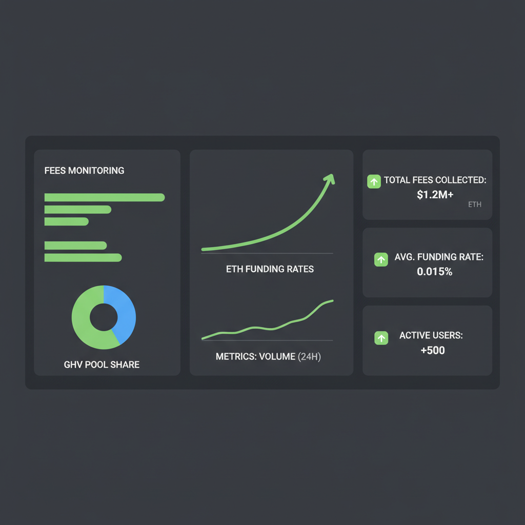 GMX GHV dashboard monitoring fees charts ETH funding rates, metrics graphs, green upward trends