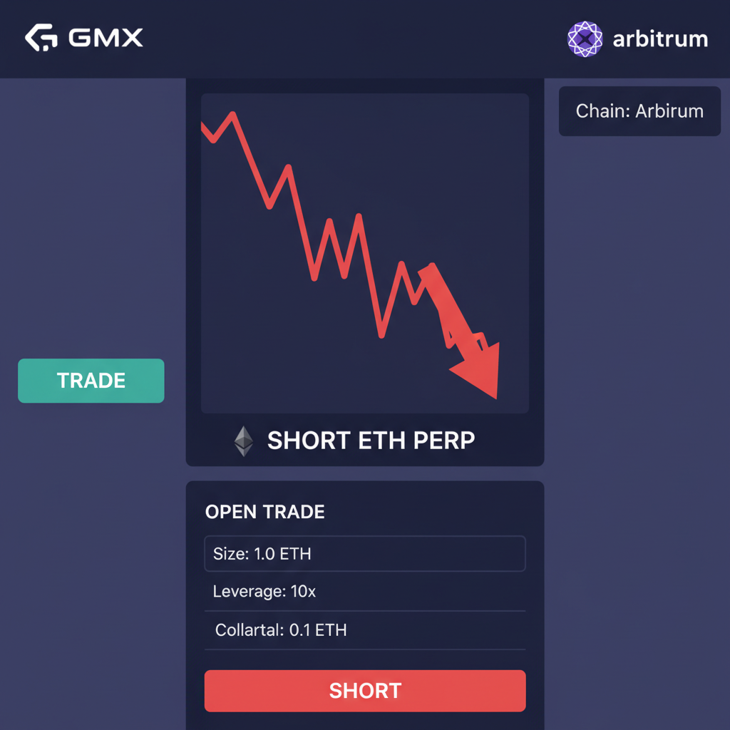 GMX interface opening short ETH perp trade, red downward arrow, Arbitrum chain, dark mode chart