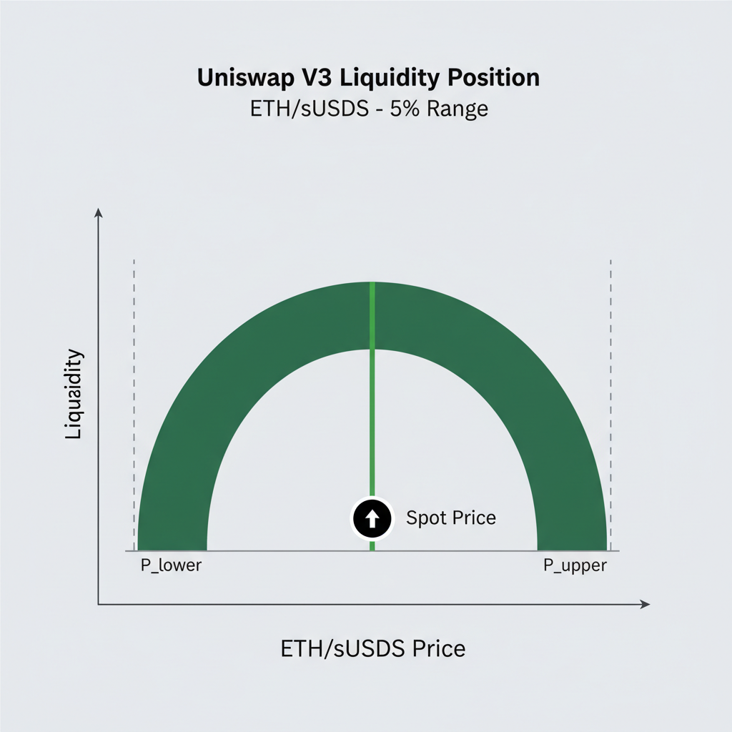 Uniswap V3 liquidity position chart ETH/sUSDS 5% range, green liquidity curve, spot price marker