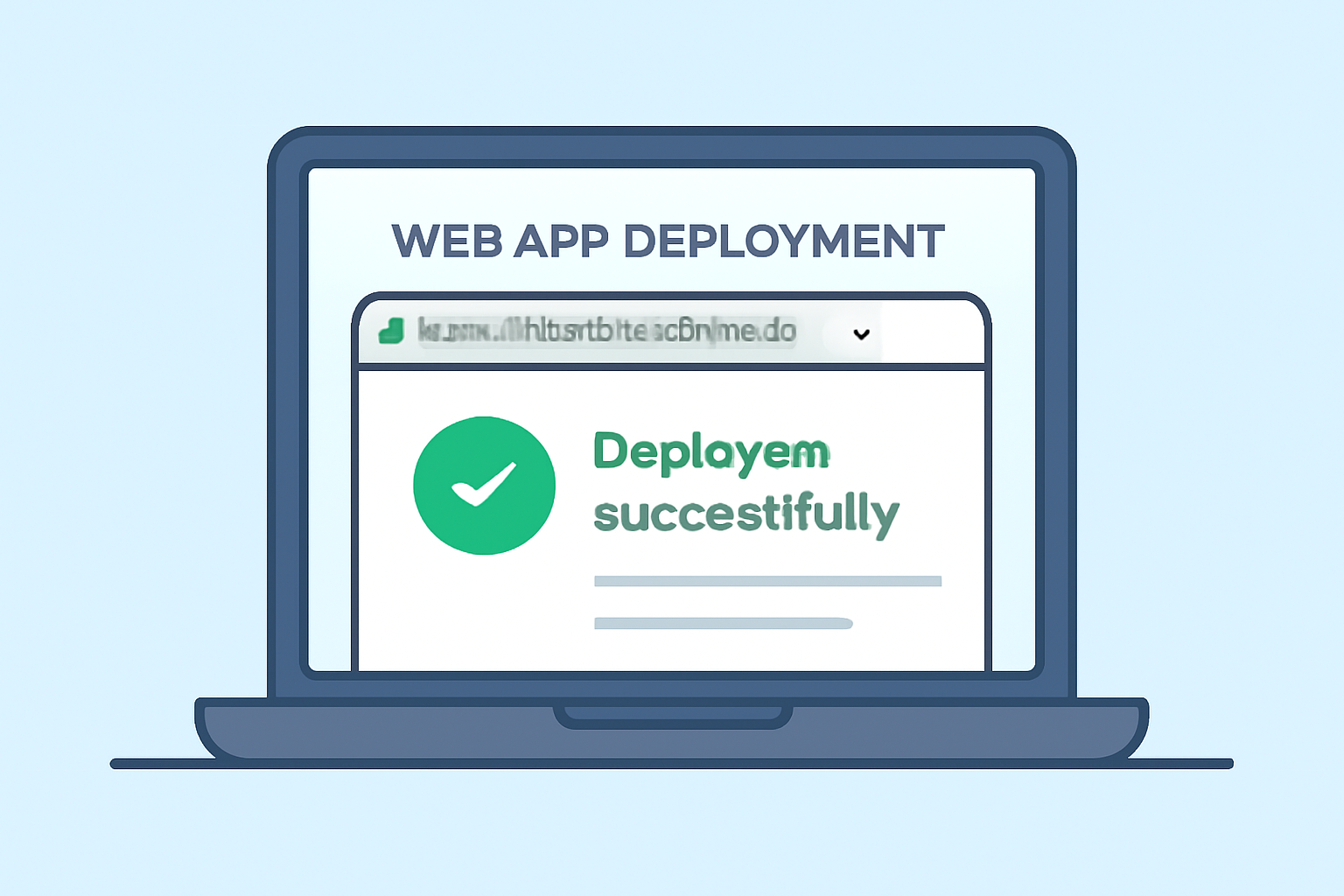 A laptop screen showing a successful web app deployment dashboard, with a green checkmark and a URL bar displaying a live site