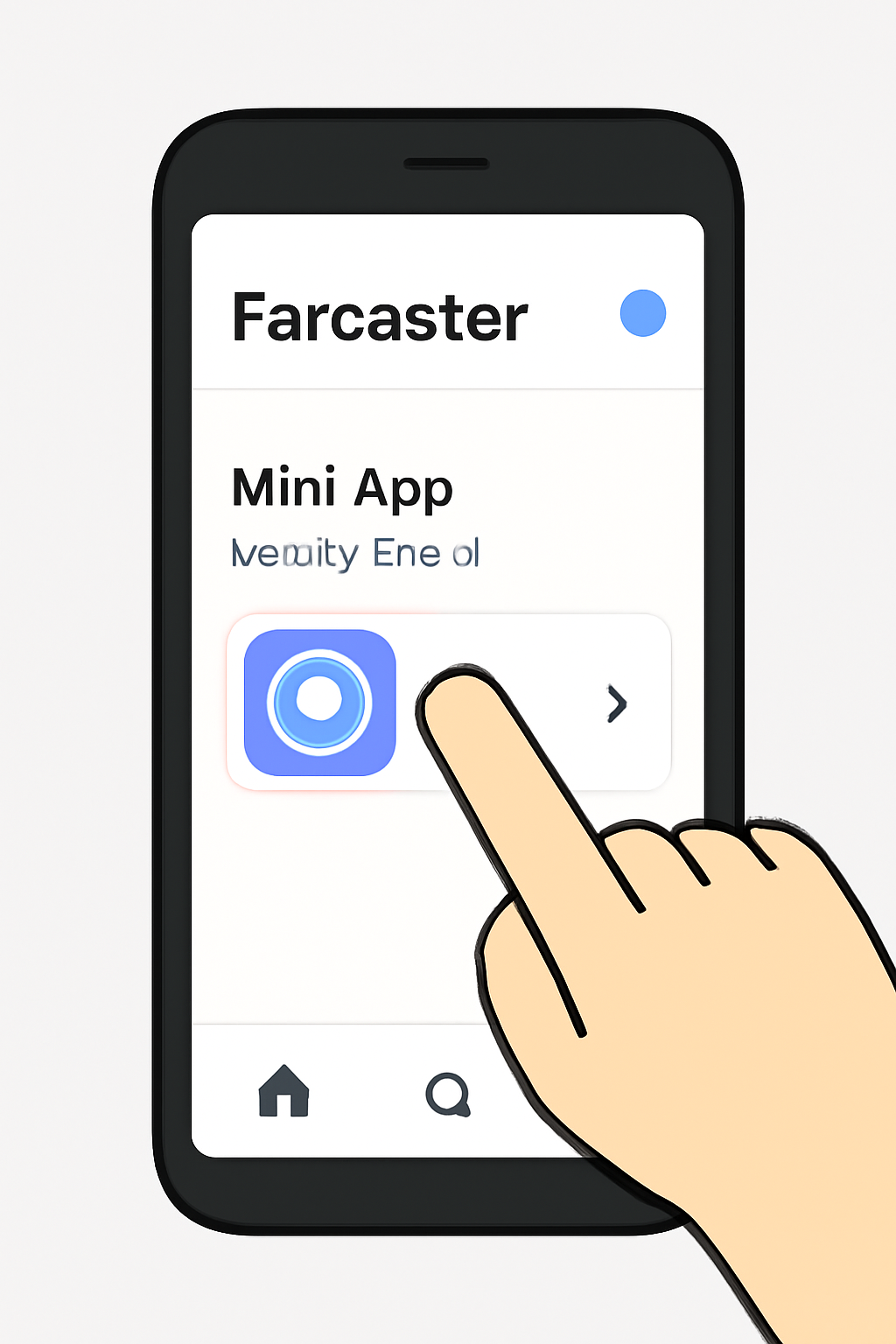 A mobile device displaying the Farcaster app with a newly listed Mini App, user tapping to open and interact