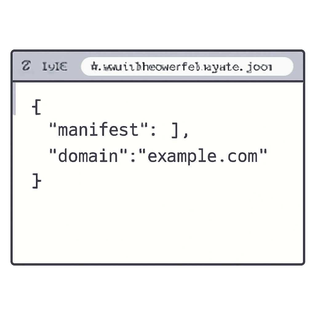 A browser window displaying a JSON manifest file, with the URL bar showing .well-known/farcaster.json, clear and readable text