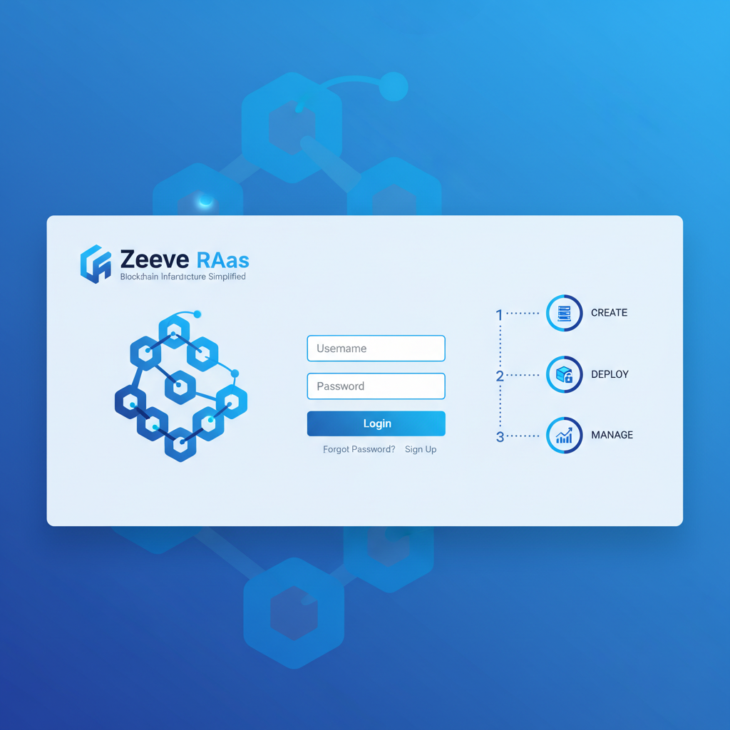 sleek blockchain dashboard login screen on Zeeve RaaS platform, modern UI, blue tones, professional tech vibe