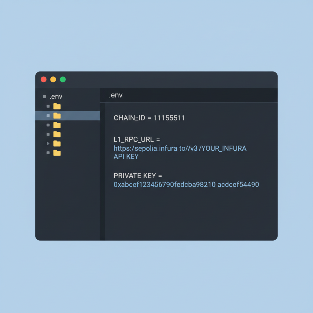 code editor open with .env file showing chain ID, L1 RPC, private key fields filled