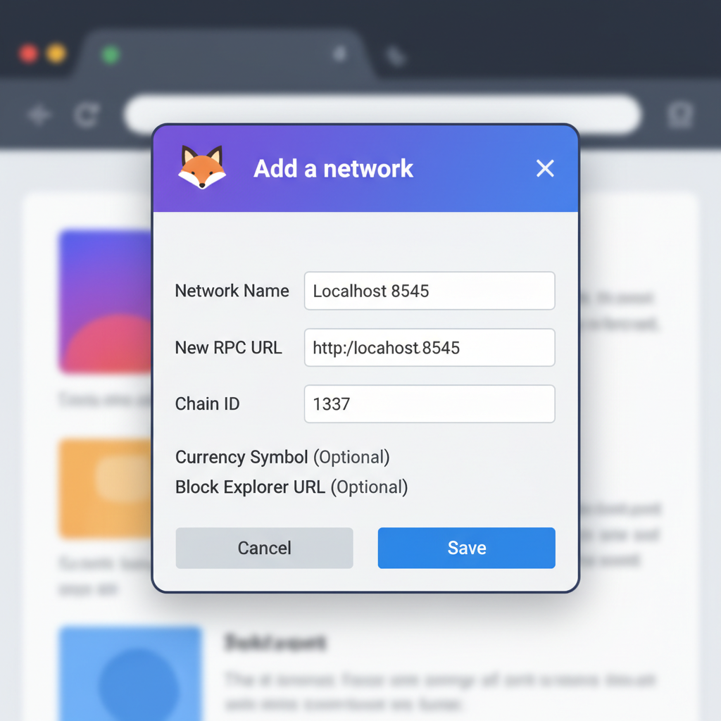 metamask popup adding custom RPC network with localhost URL and chain ID fields
