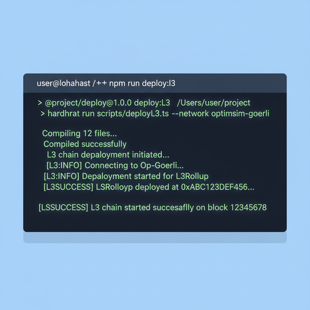 terminal executing npm run deploy:l3, logs showing L3 chain starting successfully