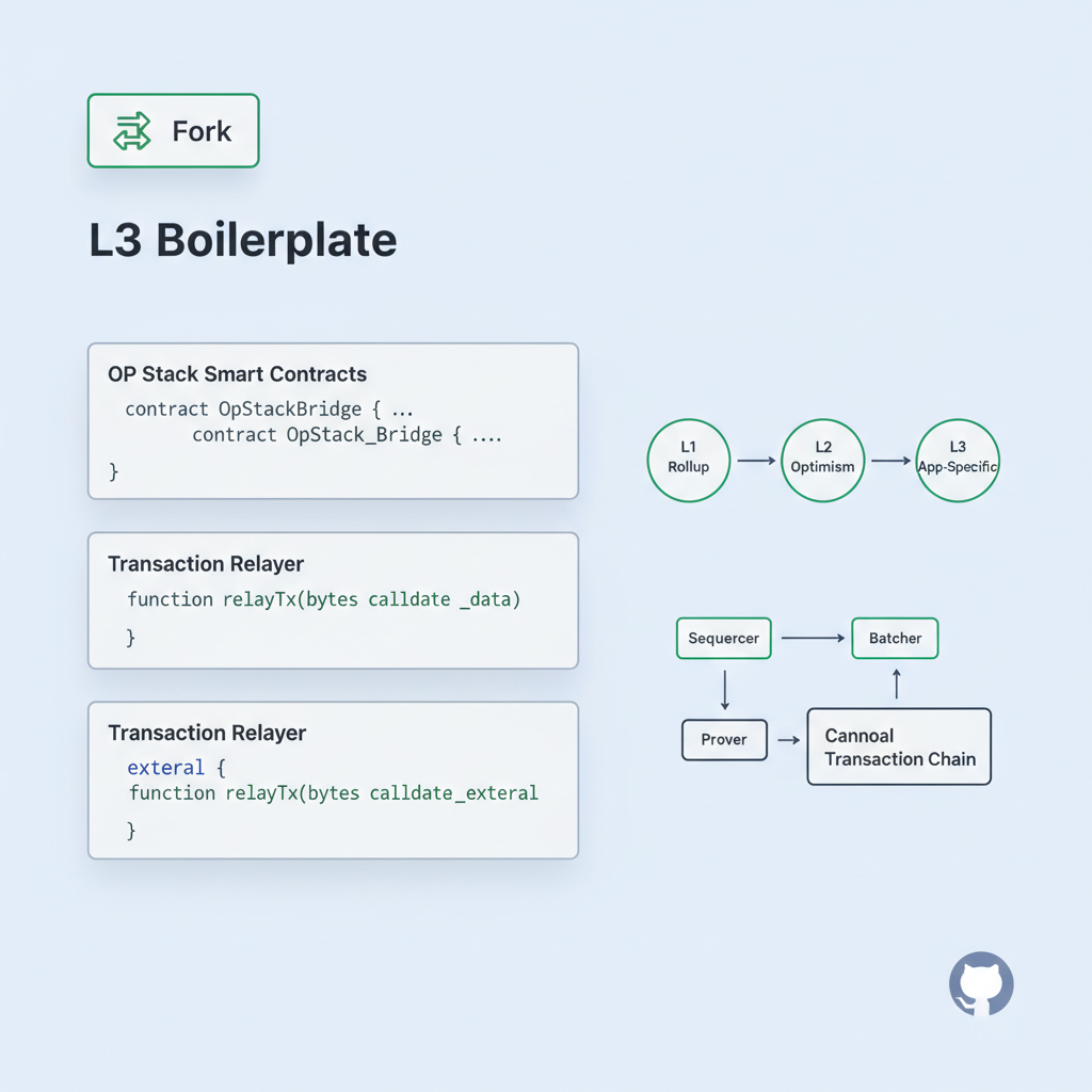 GitHub fork button on L3 Boilerplate repo, code snippets for OP Stack, blockchain diagrams
