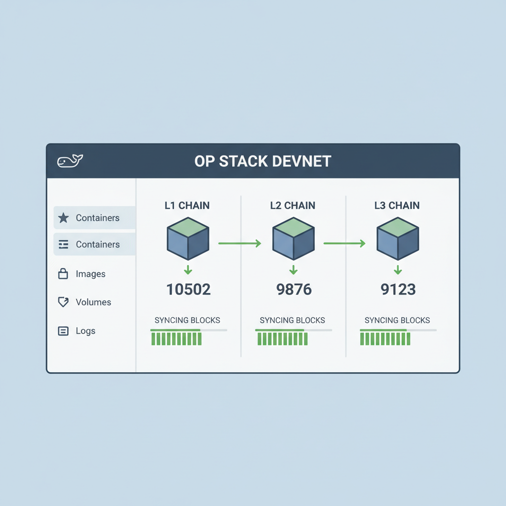 Docker dashboard running OP Stack L1 L2 L3 devnet chains blocks syncing