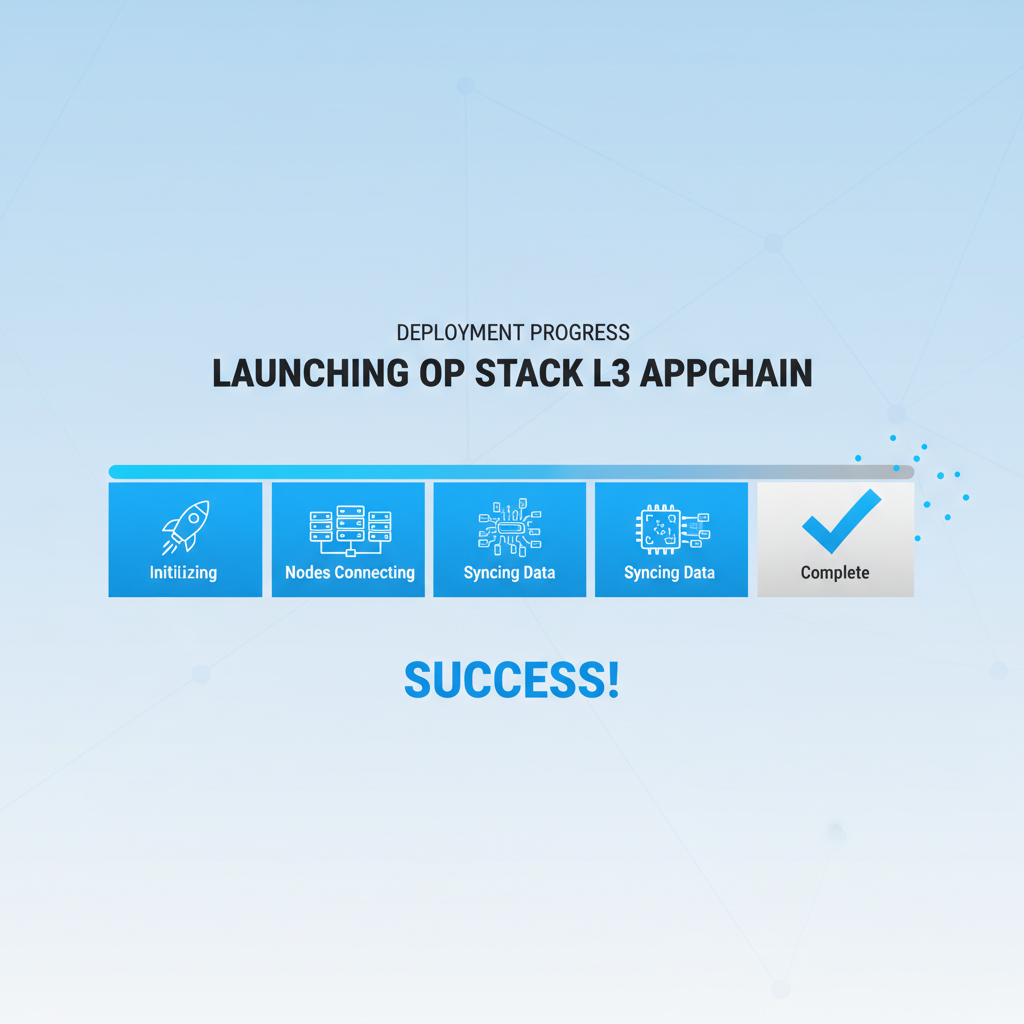 deployment progress bar launching OP Stack L3 appchain, nodes connecting, success animation