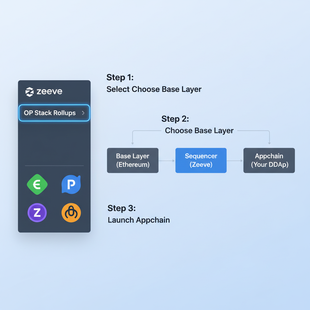 Zeeve dashboard navigation menu highlighting OP Stack rollups section, clean interface, appchain icons