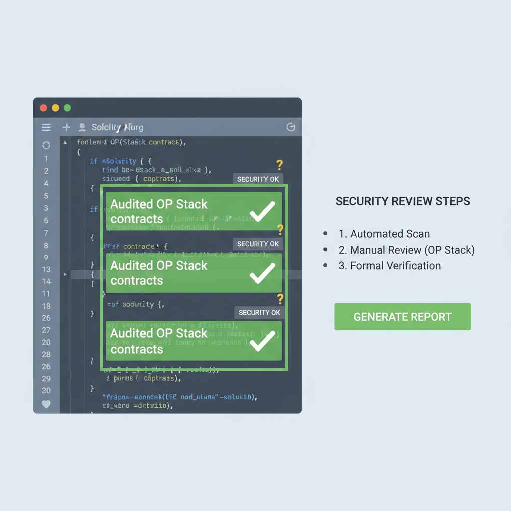 smart contract code review interface, audited OP Stack contracts highlighted, security checkmarks