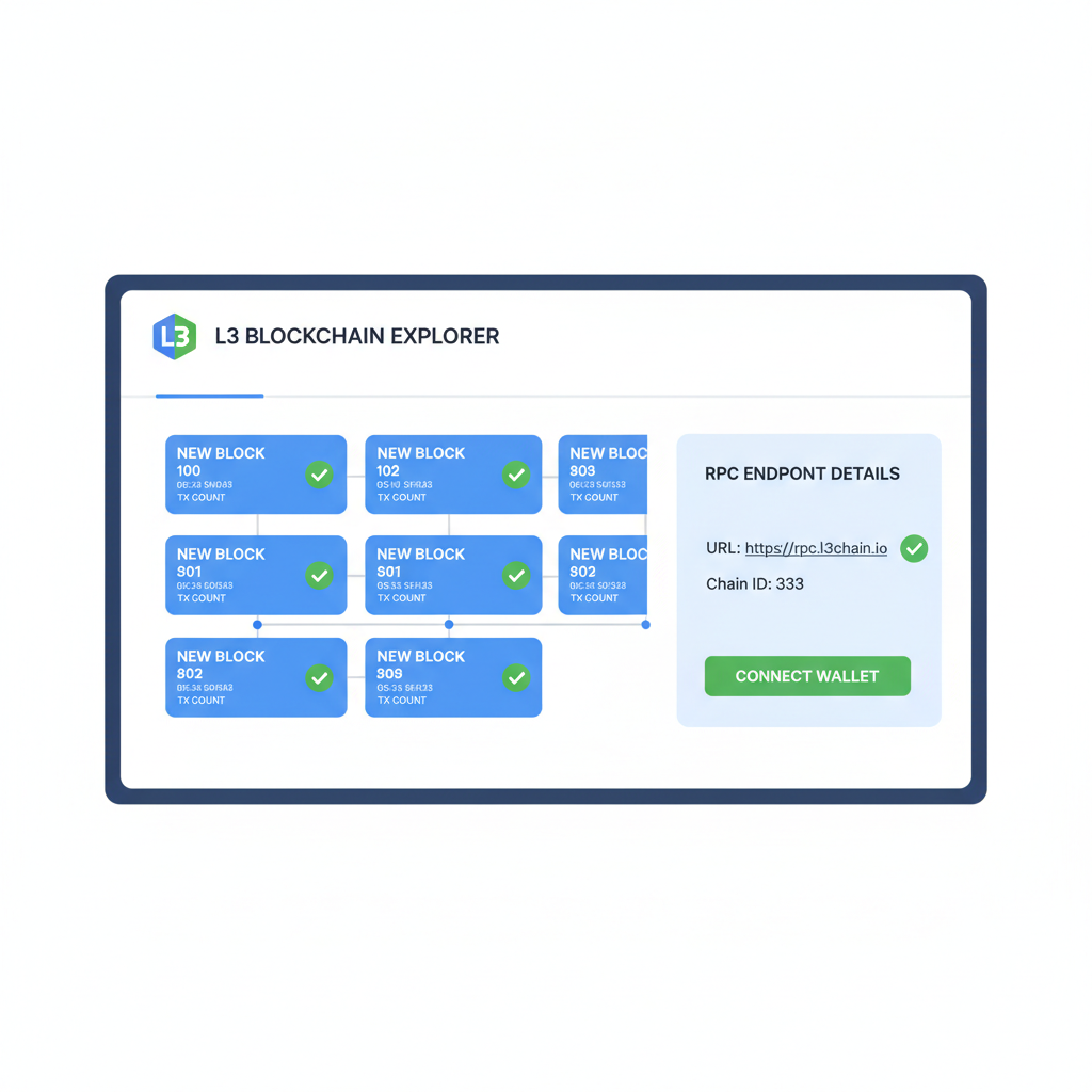 blockchain explorer showing new L3 chain blocks, RPC endpoint details, green verification badges