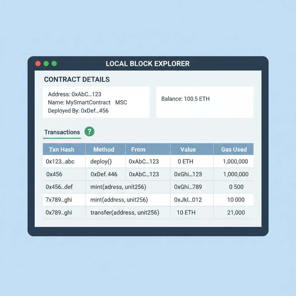 local block explorer UI displaying deployed contract details and transactions
