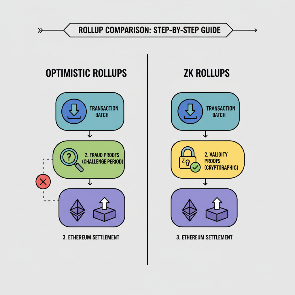 Split screen comparing Optimistic vs ZK rollups, icons for fraud proofs validity proofs Ethereum settlement layer