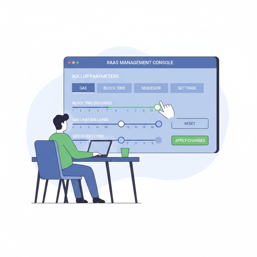 Developer configuring rollup parameters on RaaS dashboard, sliders for gas block time sequencer settings