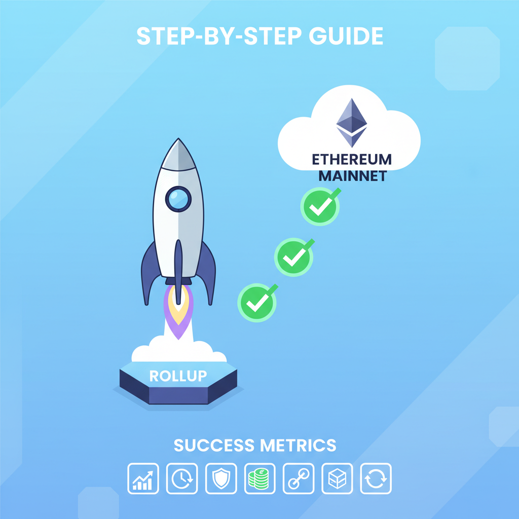 Rocket launching rollup to mainnet Ethereum, green checkmarks success metrics