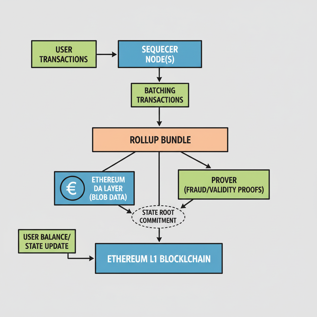 Diagram of rollup integrating Ethereum DA layer sequencer nodes, data flow arrows