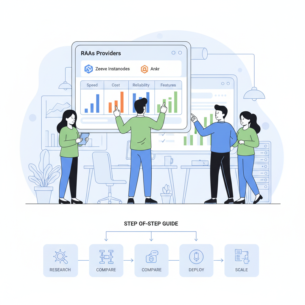 Blockchain startup team comparing RaaS providers Zeeve Instanodes Ankr on dashboard screens, modern office futuristic UI