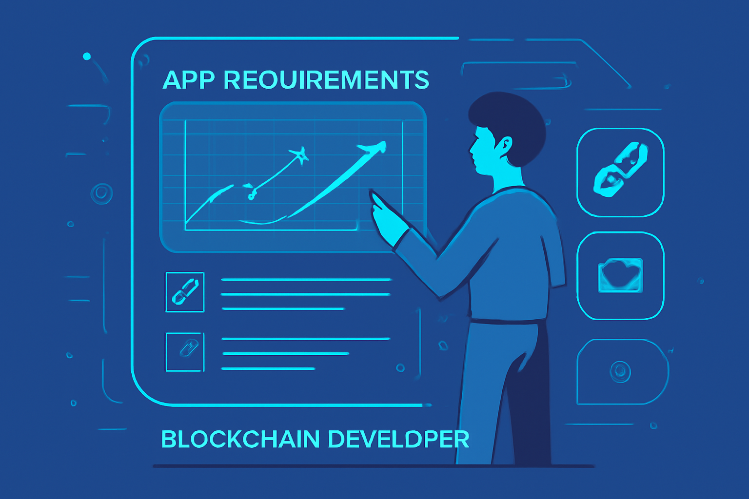 Blockchain developer analyzing app requirements on a digital dashboard with scalability charts and Layer 2 icons, futuristic style