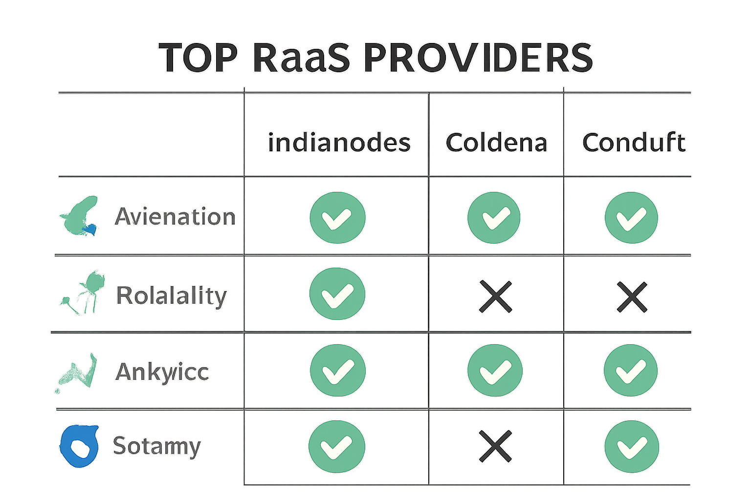 Comparison chart of top RaaS providers like Instanodes, Caldera, Conduit with feature icons and selection highlights, professional infographic