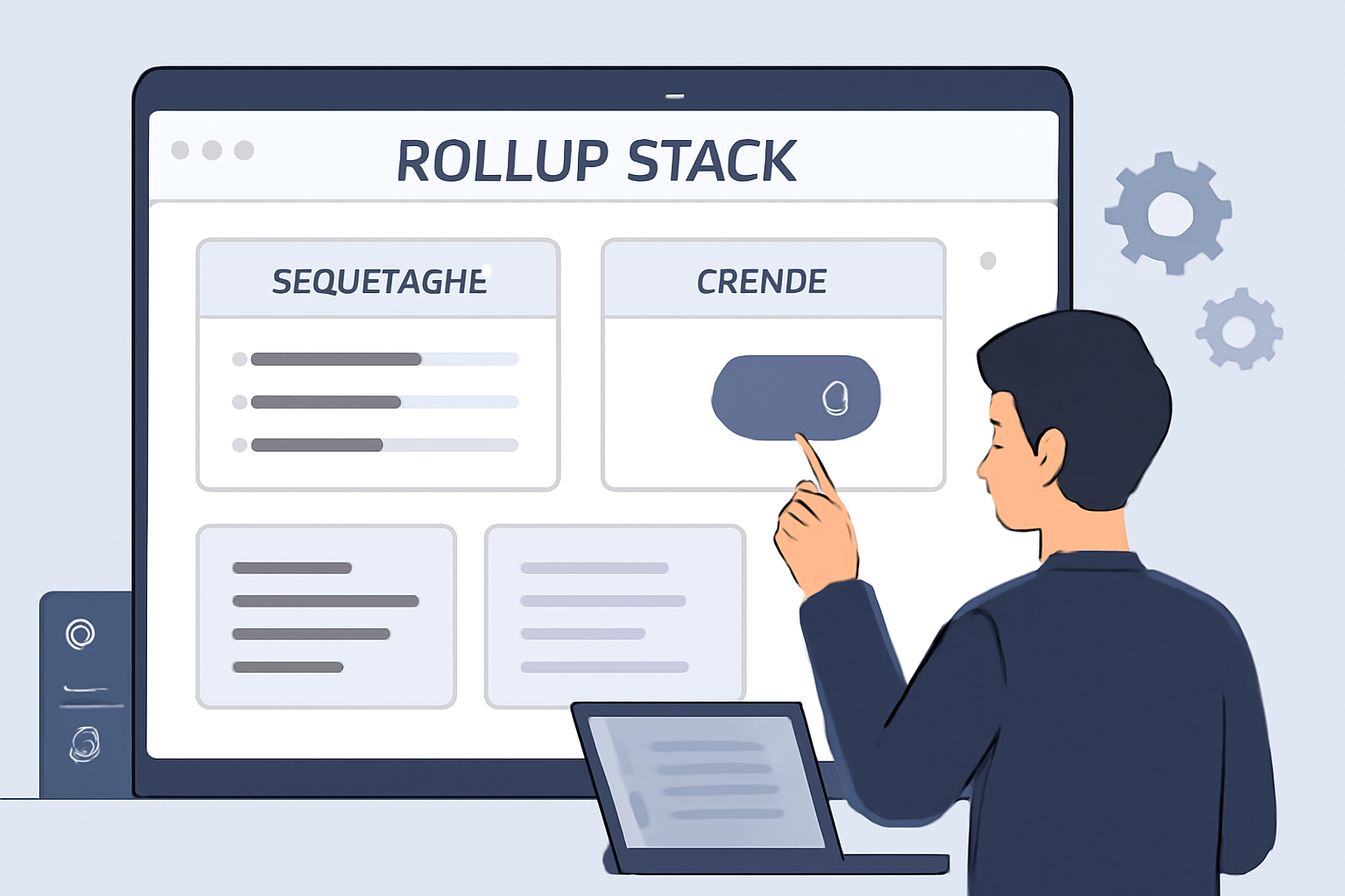 Developer configuring rollup stack on a sleek web dashboard with customizable modules for sequencers and bridges, high-tech UI
